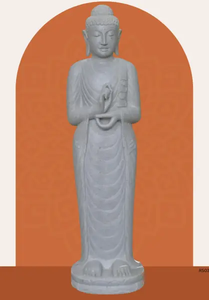 Product image 1 of the product “Standing Buddha made of Riverstone in Dharmachakra position - gesture of wheel of the teaching of Dharma. About 153cm height. ”